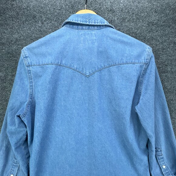 Wrangler Pearl Snap Denim Shirt Mens Medium Blue Western Cowboy Rodeo Raw Hem - Picture 5 of 16